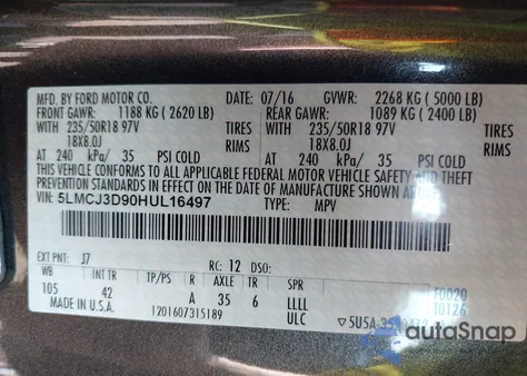 2017 Lincoln Mkc Reserve z USA, uszkodzony, nr VIN 5LMCJ3D90HUL16497